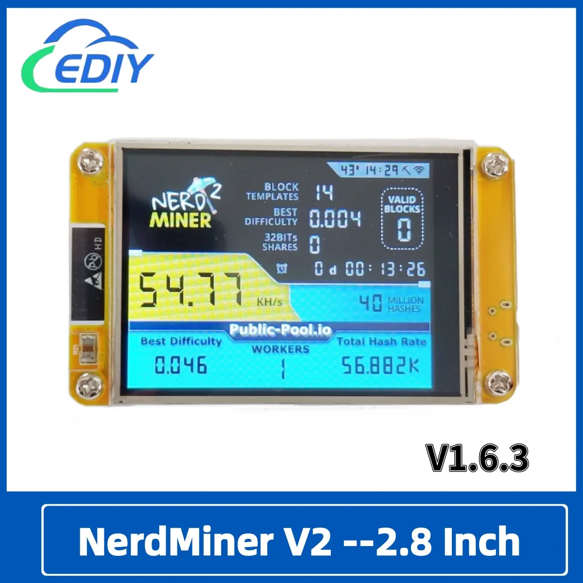 NerdMiner V2 해시레이트, 스마트 디스플레이, 암호화 솔로, 복권, Nerd Miner, 비트코인 ​​광부 ESP32-2432S028R, 49 k/S, 2.8인치