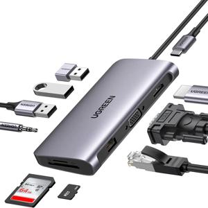 UGREEN USB C 허브, 10-in-1 USB-C 도킹 스테이션, 4K-HDMI 및 VGA 듀얼 모니터, 1Gbps 이더넷, 100W PD, 3개의 3.0 포트, 3.5mm 오디오 잭