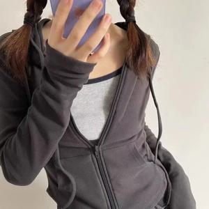 Lucyever 여성용 크롭 후드 집업 재킷, 슬림 긴팔 Y2K 스웻셔츠, 솔리드 스트리트웨어, 스포츠 후드티, 가을 신상