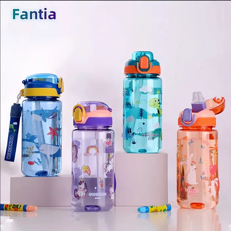 실리콘 빨대 누수 방지 플라스틱 물병, 어린이 물컵, 600ml 공룡 물병, 시피컵, 여름