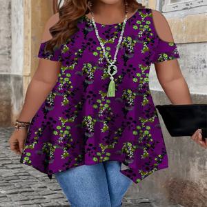 여성용 플러스 사이즈 꽃무늬 오프 숄더 티셔츠 - 우아한 비대칭 밑단 롱라인 여름 탑