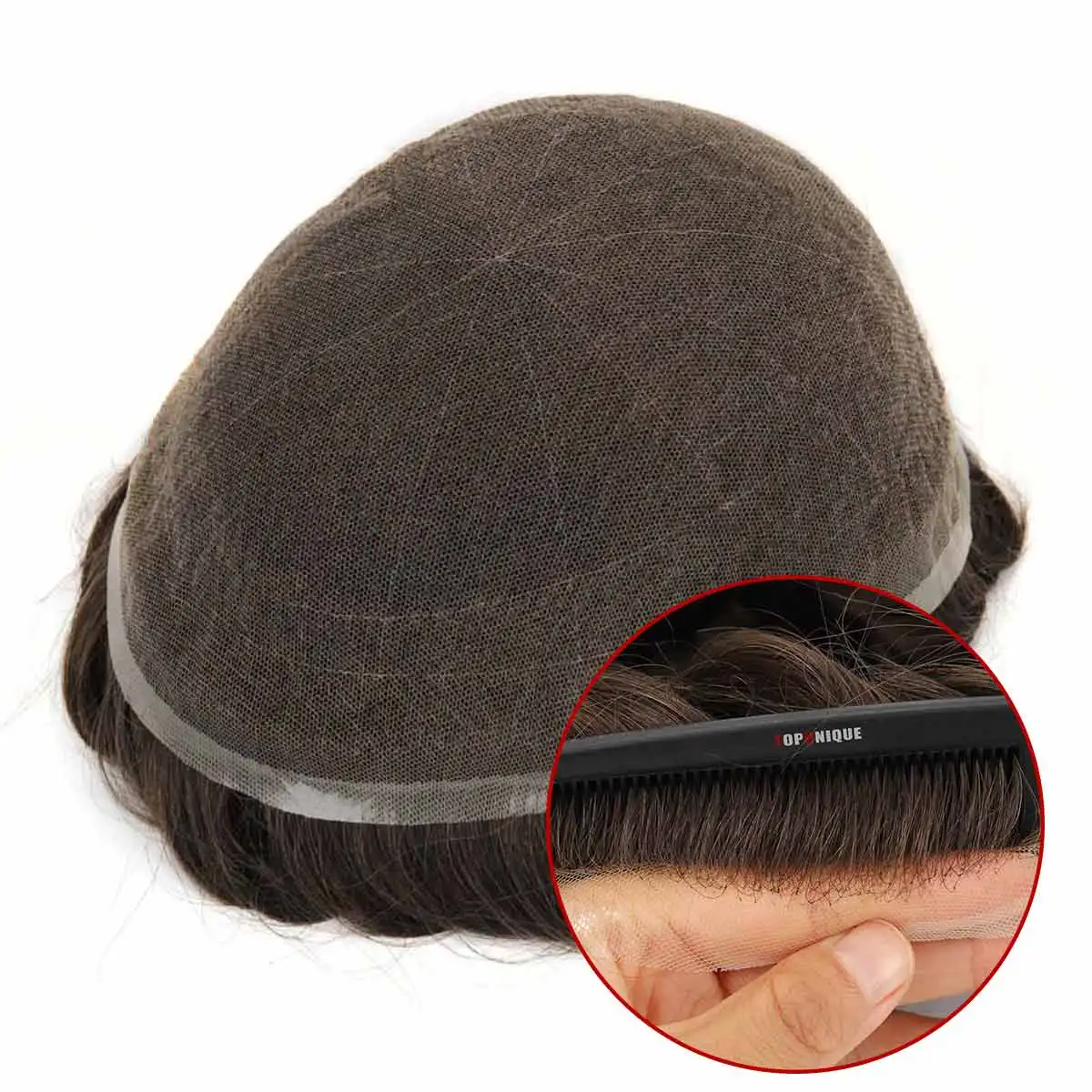 Topunique 전체 스위스 레이스 90% 가벼운 중간 빛 남자 Toupee 모세관 보철 헤어 피스 남자 헤어 교체 시스템