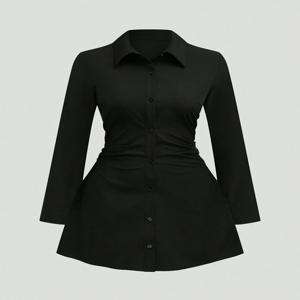 신상 핫세일 블랙 플러스 사이즈 캐주얼 슬림핏 긴팔 셔츠 원피스 단색 우아한 출퇴근룩 2025 가을 겨울 섹시