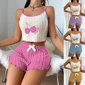 여름 2pcs 잠옷 여성용 캐주얼 단순 그라운드 울 홀터 조끼 반바지 세트 홈웨어 잠옷 Loungerwear