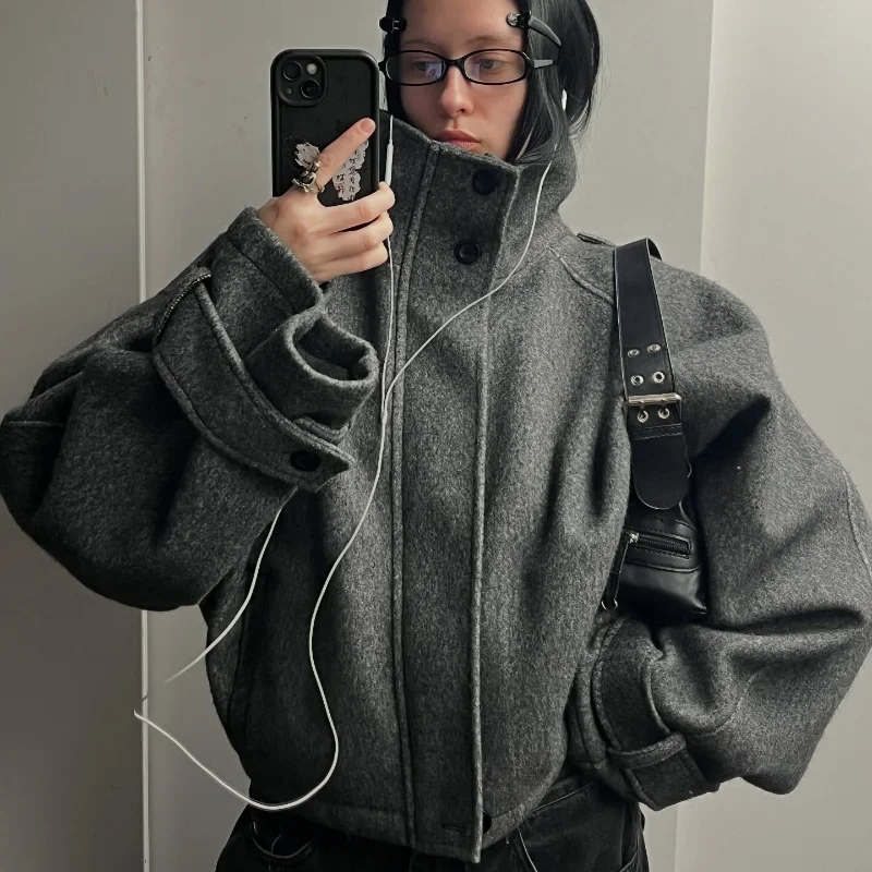 여성용 패션 숏 울 코트, 스탠드 칼라, 긴팔, 루즈핏 지퍼 재킷, 2025 가을 겨울 솔리드 여성 아우터