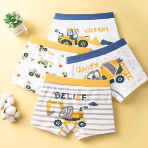 4개 고품질 면 소재 어린이 복서 팬티 굴착기 모양 남아용 통기성 아동 속옷 부드러운 바닥 팬티 3-14세용