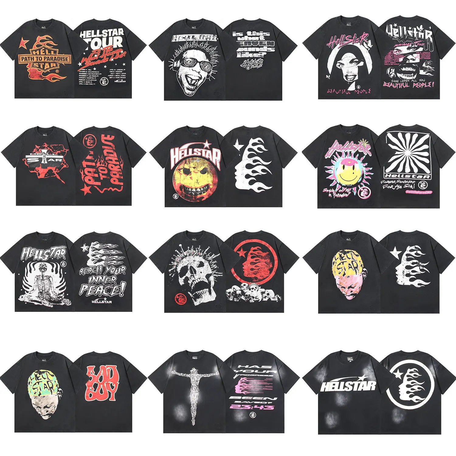 빈티지 워싱 아메리칸 하이 스트리트 헬 스타 반팔 티셔츠 남성 패션 코튼 라운드넥 베이직 스타일 여름 의류