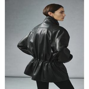 라이트 오일 왁스 양가죽 이중 레이어 칼라 드로스트링 허리 중간 길이 가죽 재킷 여성 스타일 지퍼 클로저 출퇴근 패션