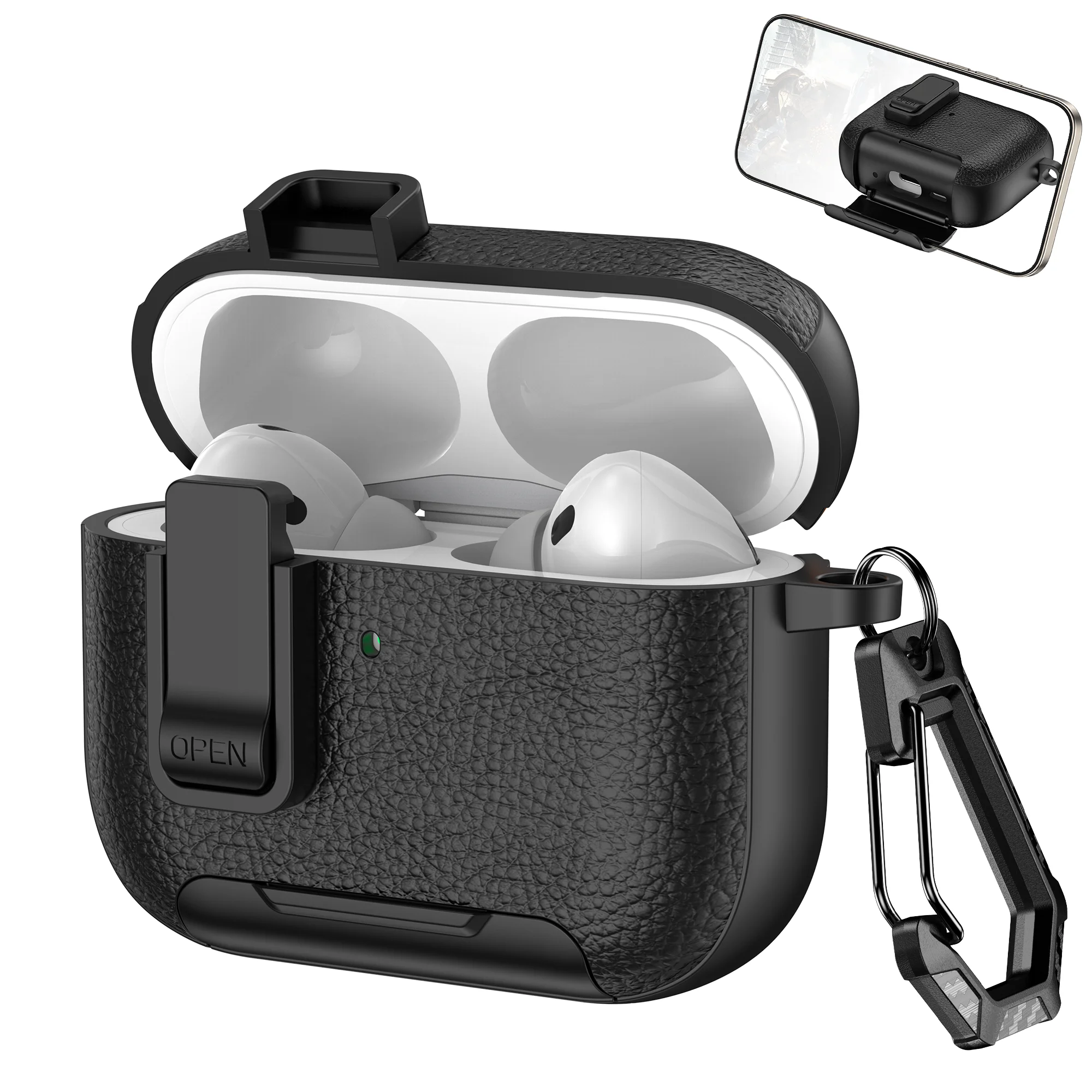 AirPods Pro 3 3세대용 새 이어폰 커버, 안전한 잠금 장치가 있는 보호 케이스, 보이지 않는 휴대폰 스탠드, 가죽 질감 커버