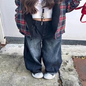 스타일리시 시크 엘레강트 자수 패치워크 청바지 여성 빈티지 워시드 드레이핑 데님 스트레이트 루즈핏 슬리밍 다용도 바지