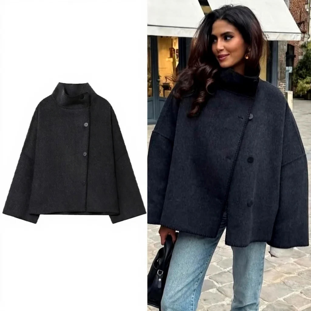 여성용 인조 울 재킷 와이드 숄더 가을 빈티지 하이넥 긴팔 버튼 여성 코트 캐주얼 여성 시크 탑