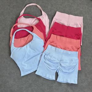 2피스 스포츠 세트 여성 백리스 홀터탑 하이웨이스트 심리스 하이 스트레치 반바지 짐 슈트 스포츠웨어 운동복 세트