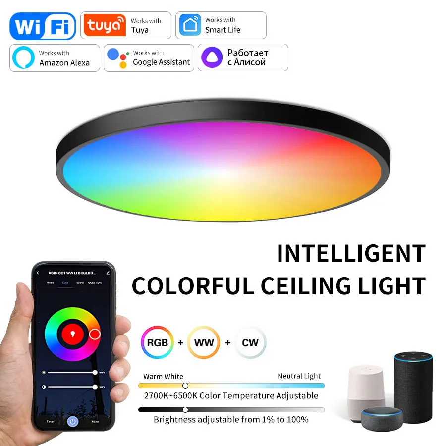 투야 스마트 와이파이 블루투스 LED 천장등 AC85-265V 24W RGB WW CW 원형 천장등 스마트 라이프 앱 알렉사 구글 음성 제어