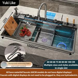 스테인리스 스틸 폭포형 주방 싱크대 신형 엠보싱 대형 싱글 슬롯 모던 디지털 디스플레이 다기능 주방 싱크대
