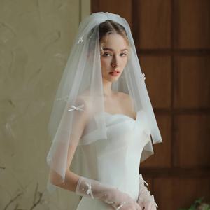 V374 더블 레이어 핸드메이드 리본 신부 베일, 웨딩, 약혼, 프로포즈, 화이트 푹신한 사진 소품, 머리빗 스타일