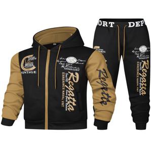 남성용 후드 레터 프린트 트랙수트 세트, 캐주얼 스포츠 2세트, 풀 지퍼와 신축성 있는 허리 팬츠가 있는 패션 후디, 레귤러 버전