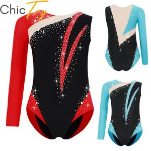 키즈 소녀 발레 체조 레오타드 피겨 스케이팅 공연 의상 라인 석 컬러 블록 비대칭 운동 바디 슈트