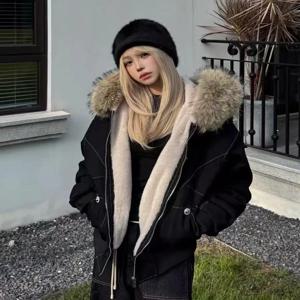 겨울 자켓 모피 칼라 파카 여성 빈티지 두꺼운 양털 따뜻한 자켓 streetwear 하라주쿠 힙합 패딩 y2k 세련된 아웃웨어