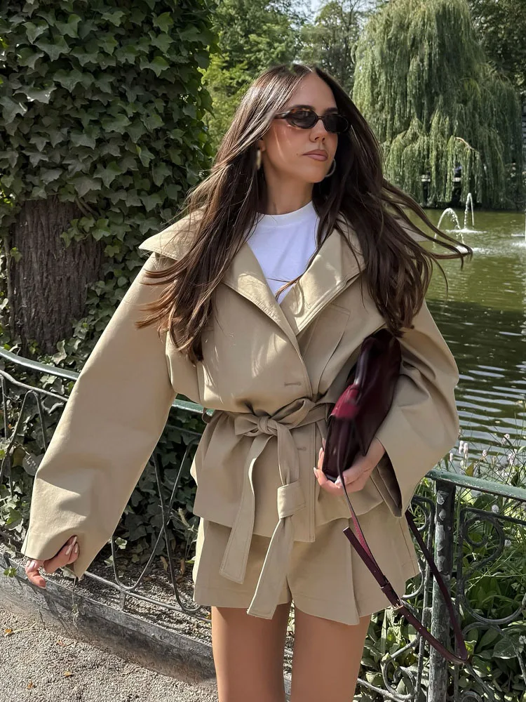 여성 여름 패션 정장 솔리드 턴다운 칼라 긴팔 레이스업 싱글 브레스티드 재킷+하이웨이스트 지퍼 반바지