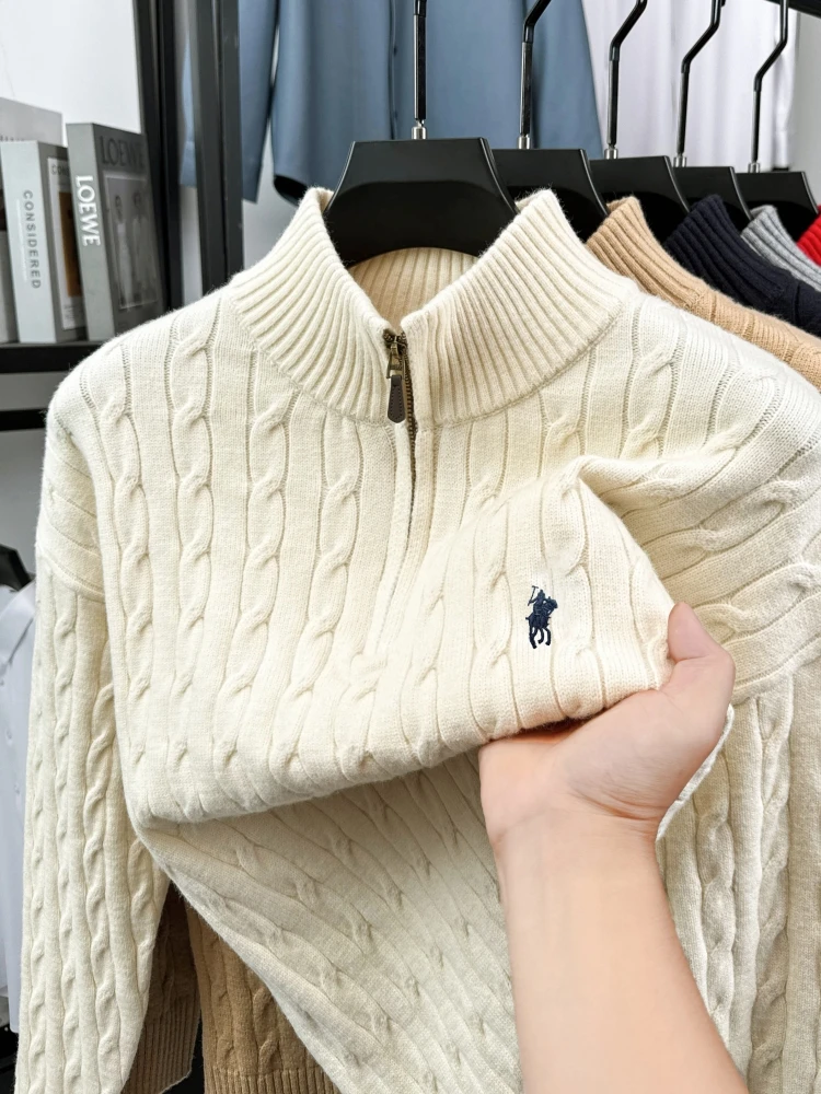 럭셔리 소마 자수 디자이너 브랜드 스웨터 남성 겨울 신상 패션 자카드 폴 캐주얼 세미 지퍼 칼라 편안한 보온 니트