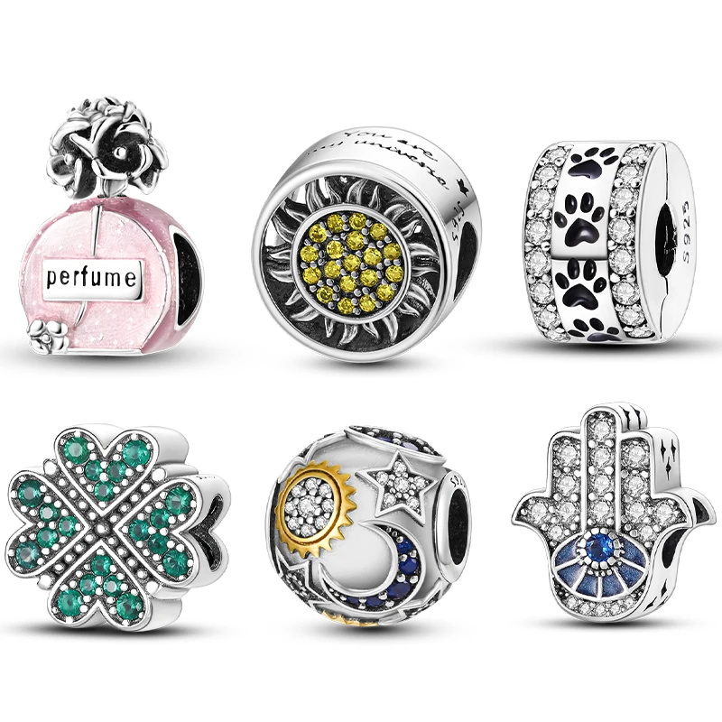 S925 실버 향수병 별 달 태양 네잎 클로버 참 비즈 오리지널 팔찌 여성 DIY 쥬얼리 제작용