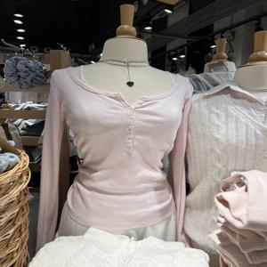 여성용 6 버튼 골지 긴팔 티셔츠, 용수철 라운드넥 코튼 슬림 티 탑, 귀여운 핑크 티셔츠, Y2k 탑, 신상