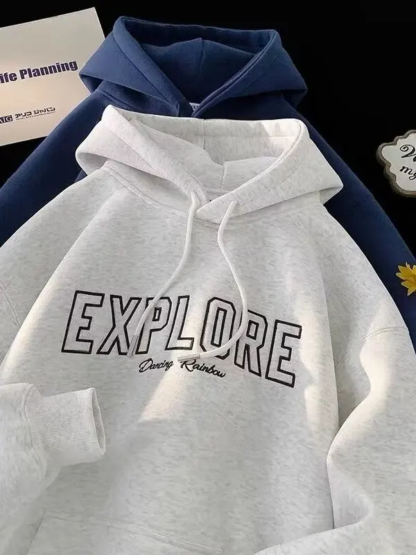 헤비웨이트 플리스 후드티 남성용 봄 가을 그레이 커플 오버사이즈 아메리칸 트렌디 브랜드 자켓 탑 라운드넥 긴팔