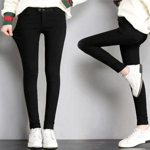 여성용 하이웨이스트 기모 안감 팔각형 블랙 팬츠 가을 겨울 따뜻한 바지 포켓 포함 비즈니스 스타일