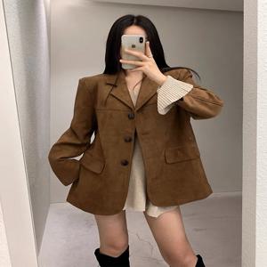 가을 겨울 여성용 루즈 캐주얼 레트로 스웨이드 벨벳 시크 고급스러운 느낌 메랄 워드로브 코트 한국 스타일 긴 소매 버튼 디테일