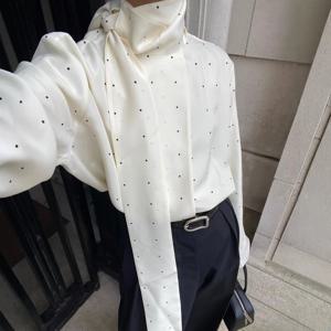 여성용 도트 쉬폰 셔츠, 리본 레이스업 긴소매 오피스 레이디 블라우스, 다용도 플레어 슬리브 탑, 긴소매 셔츠 2025 패션