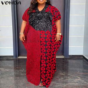 플러스 사이즈 5XL VONDA 여성 롱 맥시 드레스 빈티지 인디 포크 패치워크 프린트 드레스 2025 여름 선드레스 파티 브이넥 로브