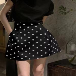 빅토리아 스타일 폴카 도트 플레어 미니 스커트 하이 웨이스트 퍼피 화이트 플라워 버드 하프 길이 폴리에스터 봄 여름 여성용 스커트