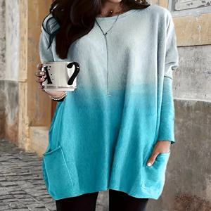 가을/겨울 새로운 유행 우아한 그라데이션 인쇄 캐주얼 크루 넥 포켓 플러스 사이즈 여성 긴 티셔츠 탑