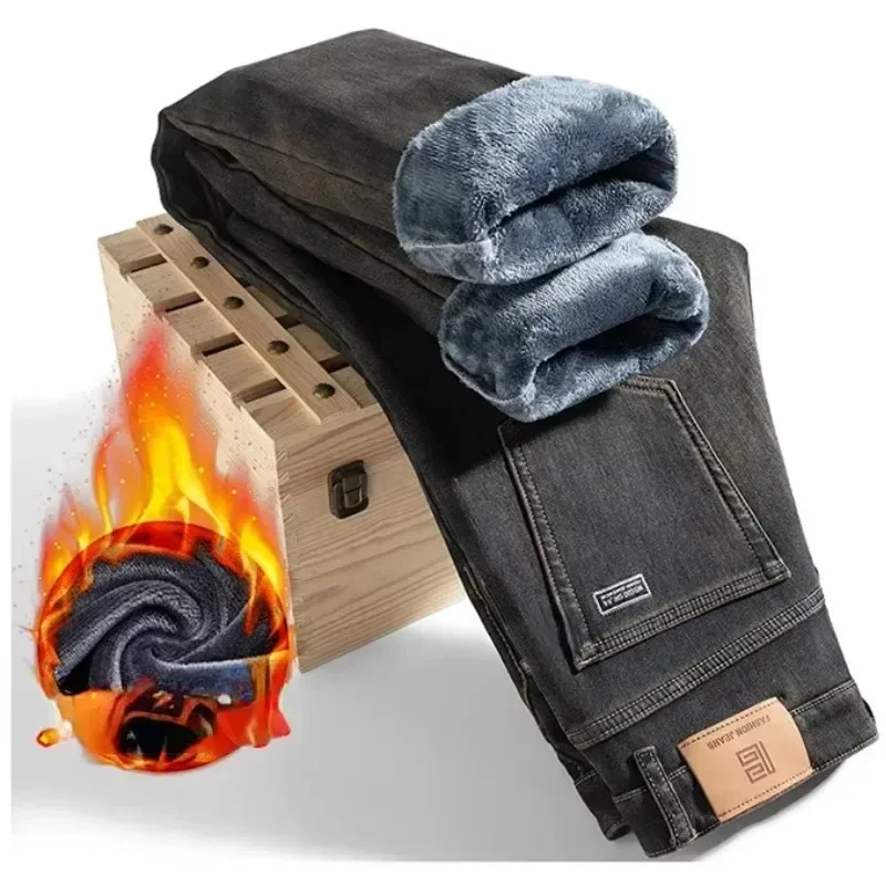 고품질 겨울 청바지 양털 두꺼워지는 새로운 캐주얼 스트레이트 튜브 외부 따뜻한 긴 바지 streetwear 남자