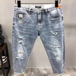 트렌디 남성 슬림핏 청바지 찢어진 구멍 나인 포인트 얇은 블루 봄 가을 캐주얼 롱 팬츠 코튼 스트레치 데님 미드 웨이스트 지퍼