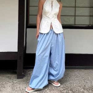 Talenza 여름 패션 포켓 Bloomers 여성 바지 Pleated 느슨한 높은 허리 패치 워크 붕대 streetwear 와이드 레그 여성 바지