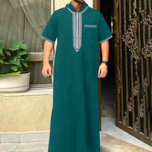 반팔 후드 자수 무슬림 포켓 토브, 캐주얼 아랍 스타일, 전통 간두라 기도 축제 의류 (남성용)