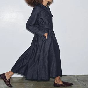 가을 신상 여성 슬림핏 긴팔 카라 데님 원피스 벨트 포함 우아하고 세련된 중국 전통 무대 의상