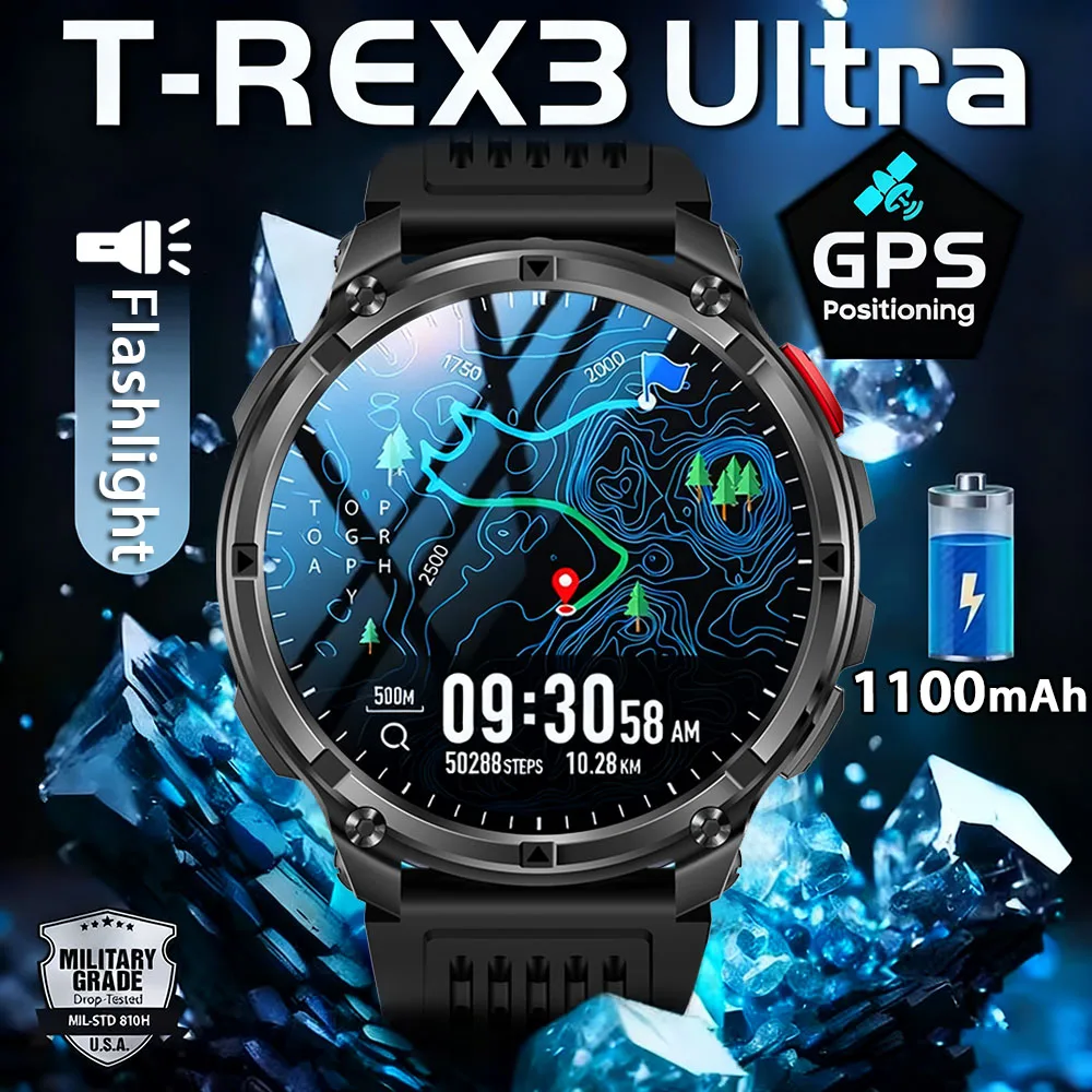 새로운 T-Rex3 울트라 1100mAh 배터리 스마트 시계 GPS 트랙 나침반 IP69K 방수 스포츠 트래커 야외 군사 스마트워치