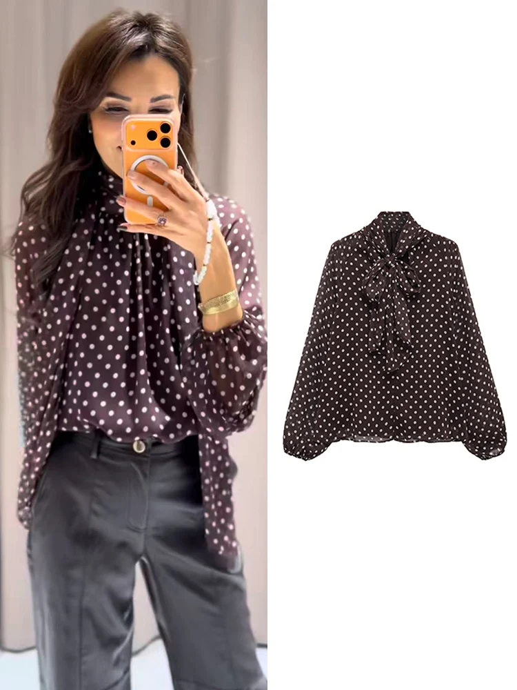 신상 여성 블라우스 빈티지 물방울 무늬 프린트 캐주얼 탑 패션 리본 우아한 루즈핏 긴팔 출근룩 셔츠 여성용