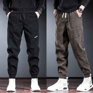 남성용 플리스 안감 두꺼운 가을 겨울 작업복 바지 루즈핏 로우 웨이스트 롱 팬츠 캐주얼 청년 스타일 배기 사이즈