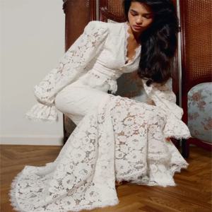 우아한 화이트 레이스 패치워크 롱 스커트 세트 여성 풀 플레어 슬리브 브이넥 슬림 크롭 탑 세트 2026 레이디 스프링 스트리트 아웃핏