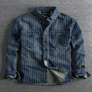레트로 데님 셔츠 남성 슬림핏 캐주얼 스트라이프 긴팔 재킷 가을 봄 트렌디 브랜드 빈티지 워싱 두꺼운 청바지 원단