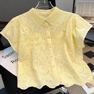 우아한 유럽풍 2025 여름 신상 디자인 감각적인 작은 펀칭 자수 폴로 칼라 탑 다용도 코디 한국 스타일 루즈핏