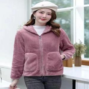 여성용 플리스 안감 재킷 양면 플러피 아웃도어 모자 일체형 포켓 손난로 가을 겨울 패션 아우터웨어