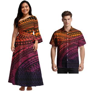 럭셔리 맞춤 디자인 커플 의류 사모아 남성 알로하 셔츠 폴리네시아 여성 롱 드레스 타파 오버사이즈 트라이벌 커플 세트