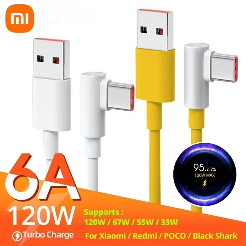 원래 Xiaomi 120W 6A USB 초고속 충전기 Mi 12 11 POCO X5 X4 Pro Redmi Note 8 9 10 11 90도 유형 C 충전 케이블