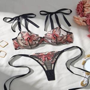레이디 2 조각 란제리 우아한 Bowknot 섹시한 나비 브래지어 팬티를 통해 볼 귀여운 소녀 친밀한 속옷 세트