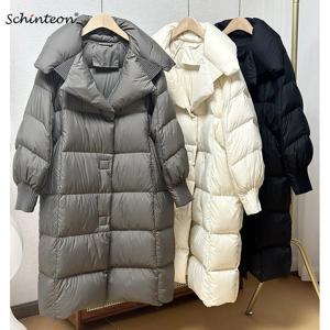 Schinteon 여성 화이트 오리 롱 자켓 가을 겨울 따뜻한 캐주얼 오버 사이즈 루즈 아웃웨어 부드럽고 편안한 패션 코트 New