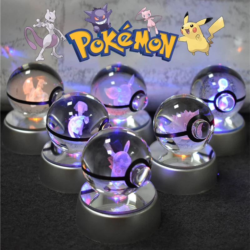 포켓몬 크리스탈 볼 3D 피카추 Gengar Mewtwo 야간 조명 램프 Pokeball 3D 유리 포켓몬 크리스탈 볼 동상 어린이 생일 선물
